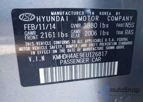 2014 Hyundai Elantra Se z USA, uszkodzony, nr VIN KMHDH4AE9EU126817